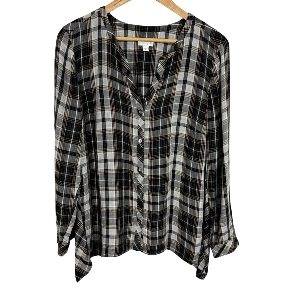 J. Jill Plaid Button Up Shirt Womens L Black Brown Lightweight Top Blouse Casual